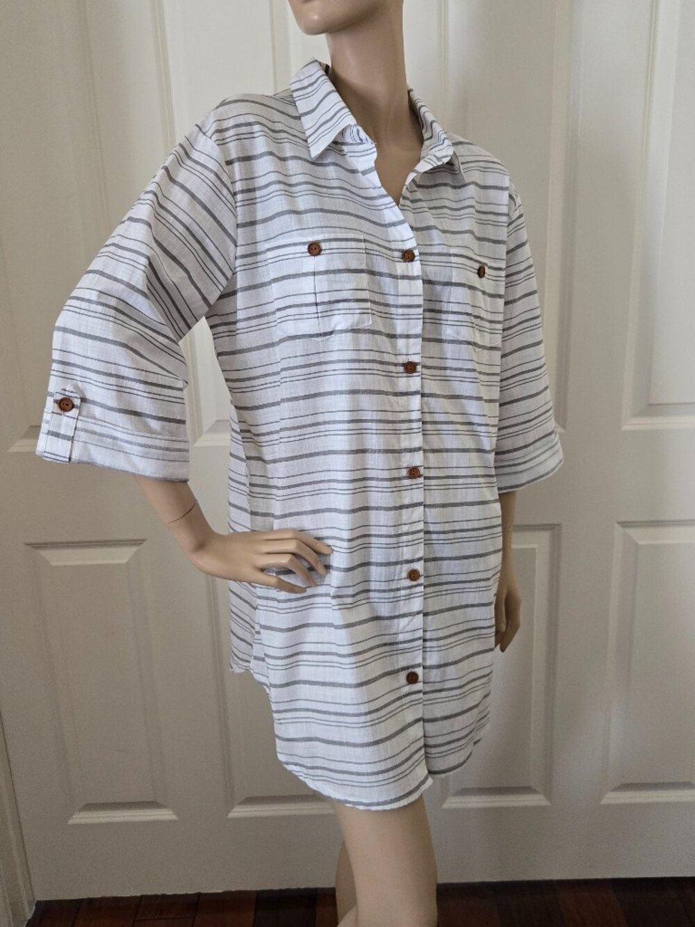 Dotti Shirt Dress Swim Cover Up Gray & White Stripe SZ XL